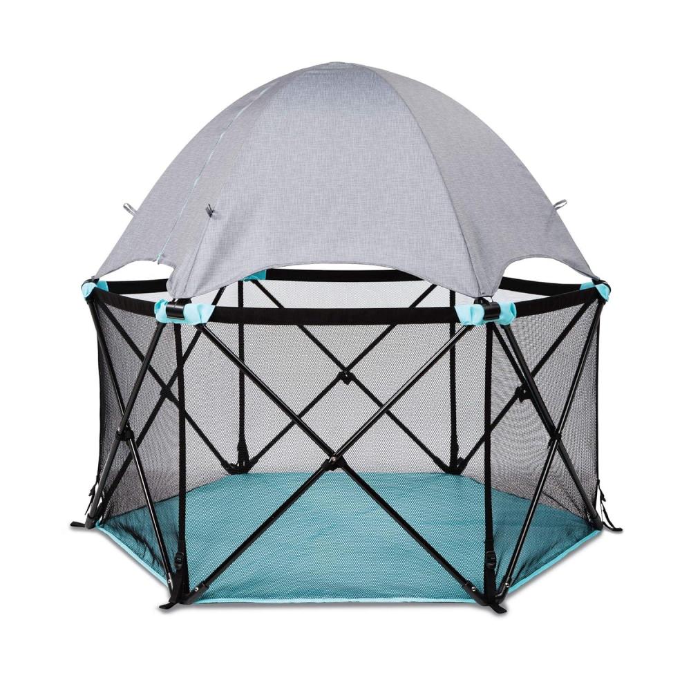 imageBright Starts Pop N Play IndoorOutdoor Playard Portable Playpen for Babies and Toddlers Unisex Easy Compact FoldBlue Deluxe Playard