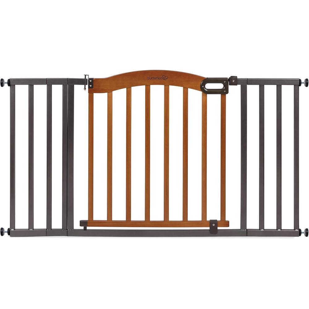 imageSummer Infant Anywhere Decorative WalkThru Pet and Baby Gate 28  425 Wide 30quot Tall Pressure Mounted Insall Inbetween Rooms and Doorways Walnut Wood with Metal Charcoal AccentsPineSlate