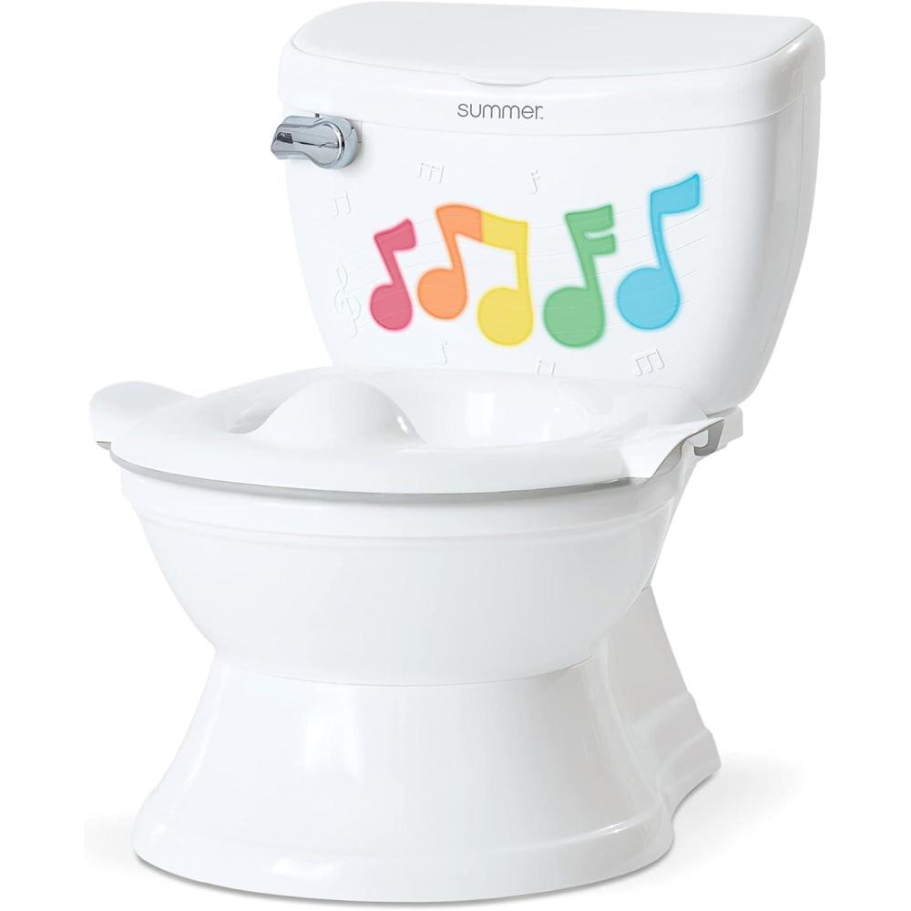 imageSummer My Size Potty Lights and Songs Transitions White  Realistic Potty Training Toilet with Interactive Handle that Plays Music for Kids Removable Potty TopperPot Wipe Compartment Splash GuardWhite w Musical Flush