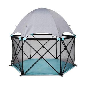 Bright Starts Pop ‘N Play Indoor/Outdoor Playard, Portable Playpen for Babies and Toddlers, Unisex, Easy Compact Fold(Blue Deluxe Playard)