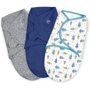 SwaddleMe by Ingenuity Original Swaddle with Easy-Change, 100% Cotton, Improves Sleep & Calms Startle Reflex, 3-6 Months, 3-Pack – Dino Time(Blue/Gray/White)