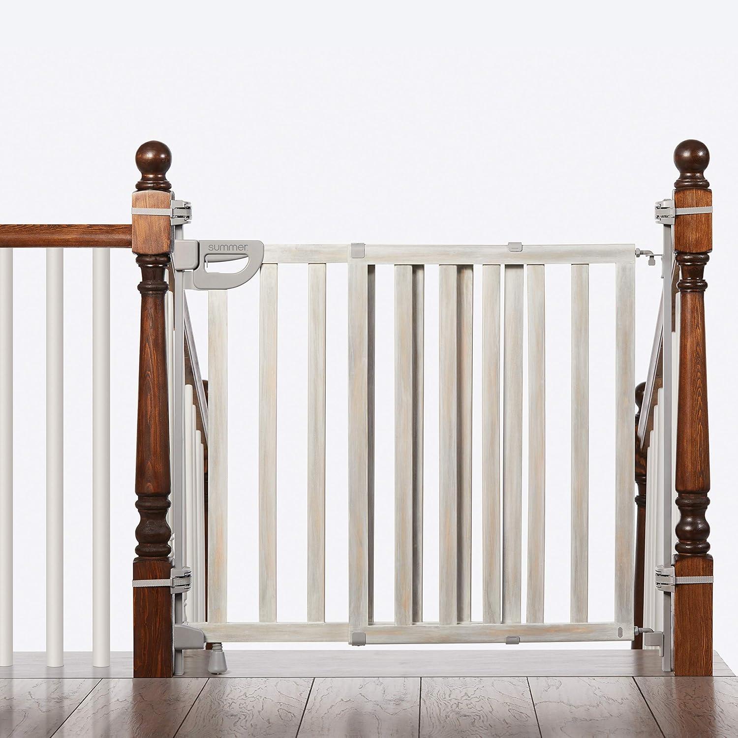 imageSummer Infant Wood Banister ampamp Stair Safety Pet and Baby Gate 32quot48quot Wide 33quot Tall Install Banister to Banister or Wall or Wall to Wall in Doorway or Stairway Banister and Hardware Mounts OakBirch Stain With Gray Accents
